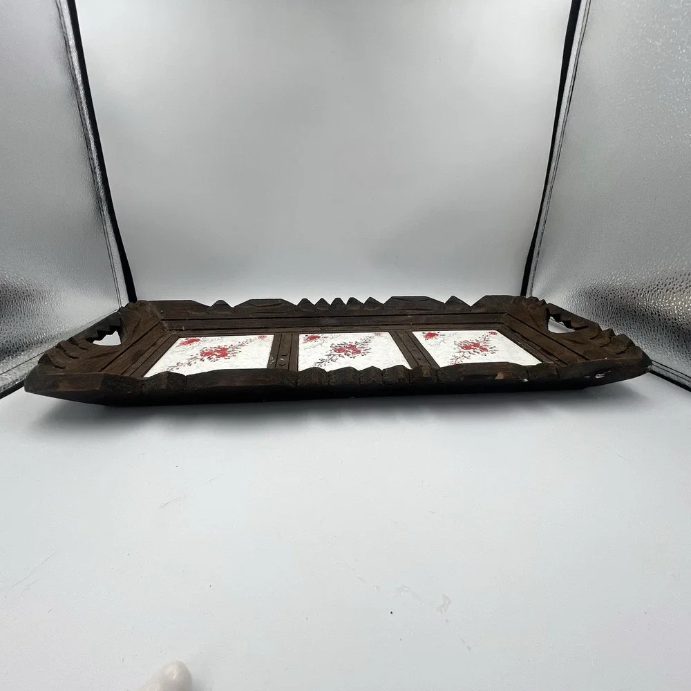 Vintage Hand Carved Mexican Folk Art Wood Serving Tray Ceramic Tiles 20 x 9 in
